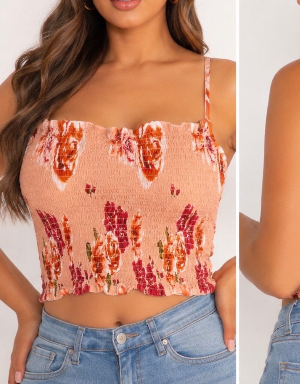 Fashion Nova Smocked Floral Crop Cami Top Peach Pink Boho Cottagecore 2X